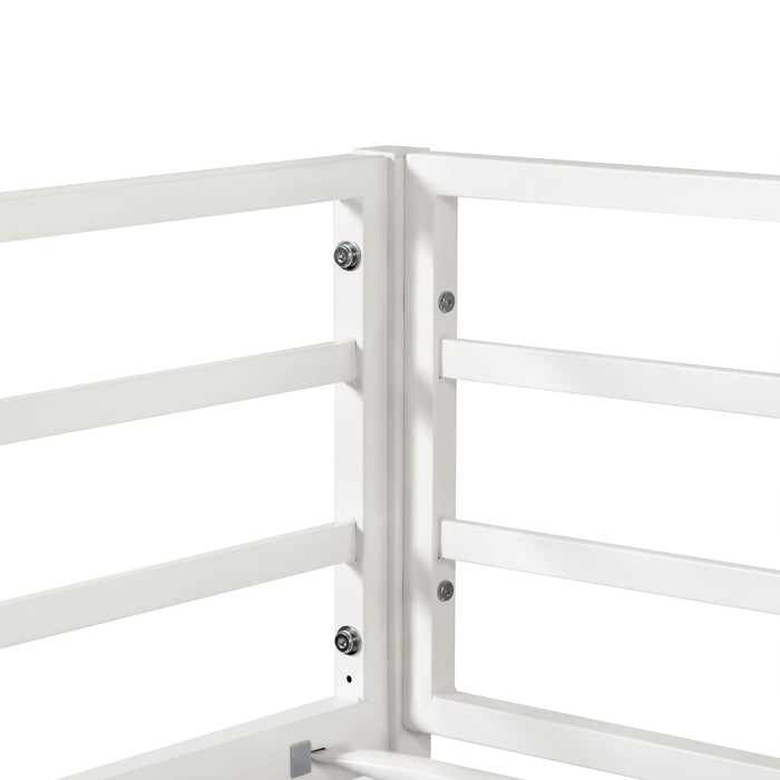 Left facing close up view of the guardrail of a contemporary white metal twin-over-twin bunk bed on a white background