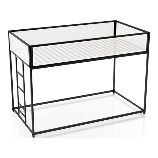 Right facing contemporary black metal twin-over-twin bunk bed with wire mesh upper guardrails on a white background