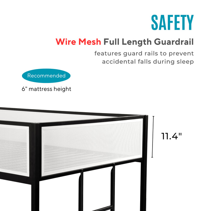 Informational image of the guardrail of a contemporary black metal twin-over-twin bunk bed with wire mesh upper guardrails