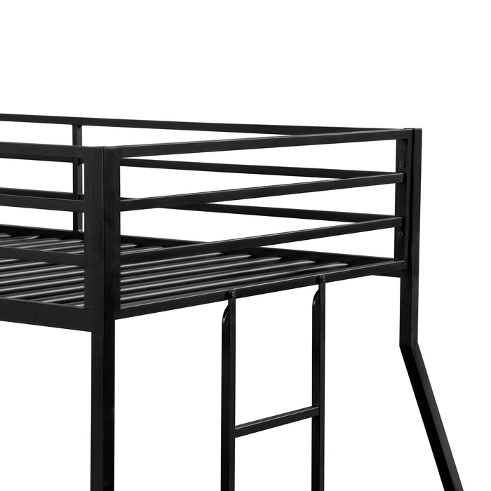 Close up view of the guardrail and ladder of a contemporary black metal twin-over-full bunk bed on a white background