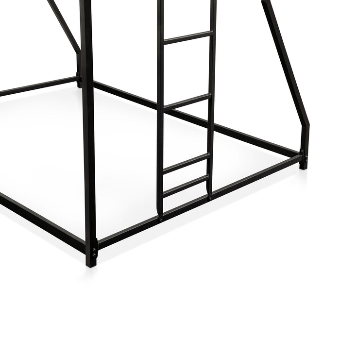 Close up view of the ladder of a contemporary black metal twin-over-full bunk bed on a white background