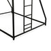 Close up view of the ladder of a contemporary black metal twin-over-full bunk bed on a white background