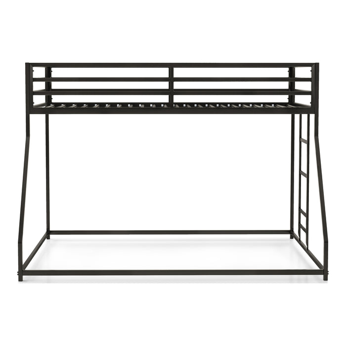 Front facing contemporary black metal twin-over-full bunk bed on a white background