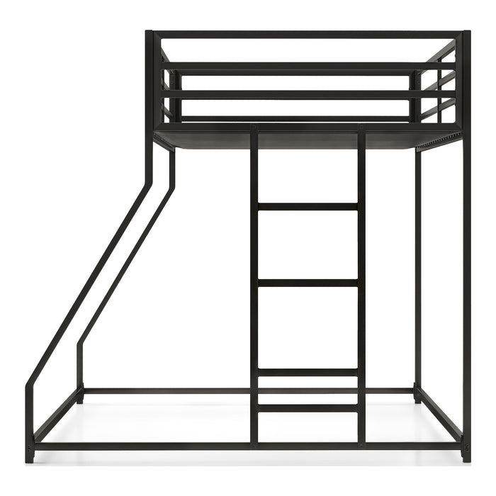 Front facing side view of a contemporary black metal twin-over-full bunk bed on a white background