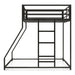 Front facing side view of a contemporary black metal twin-over-full bunk bed on a white background