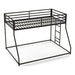 Right facing contemporary black metal twin-over-full bunk bed on a white background