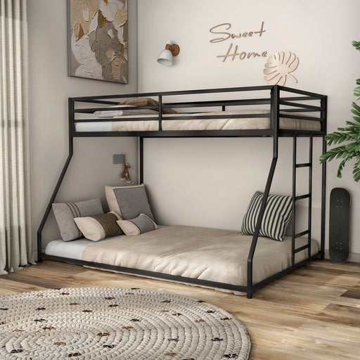 Left facing contemporary black metal twin-over-full bunk bed in a bedroom with accessories