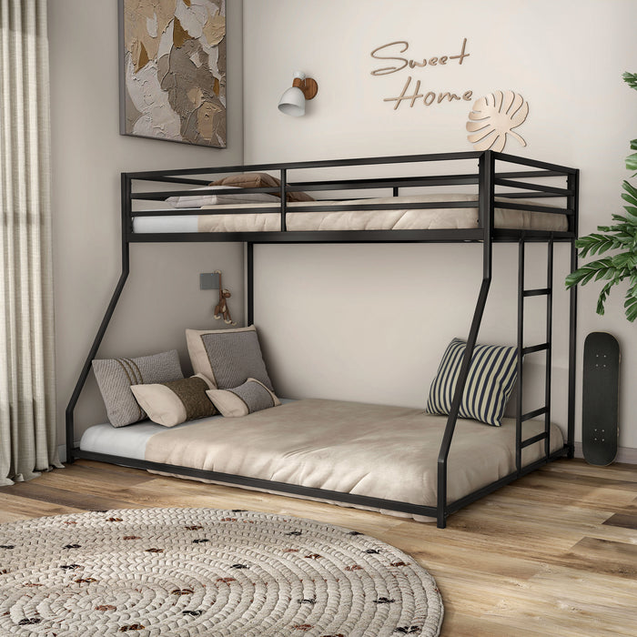 Left facing contemporary black metal twin-over-full bunk bed in a bedroom with accessories