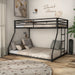 Left facing contemporary black metal twin-over-full bunk bed in a bedroom with accessories