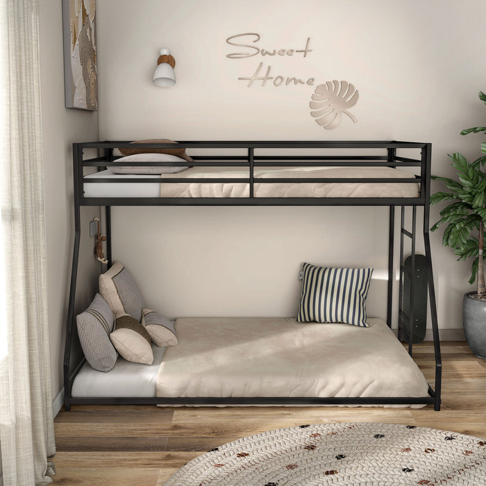 Front facing contemporary black metal twin-over-full bunk bed in a bedroom with accessories