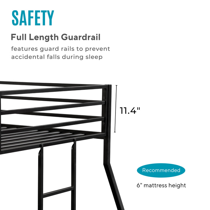 Informational image of the safety guardrail of a contemporary black metal twin-over-full bunk bed