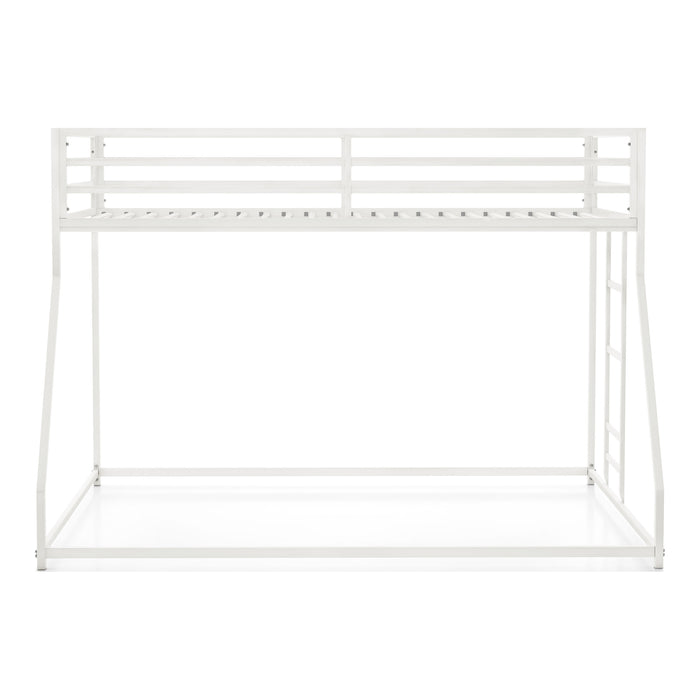 Front facing contemporary white metal twin-over-full bunk bed on a white background