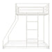 Front facing side view of a contemporary white metal twin-over-full bunk bed on a white background