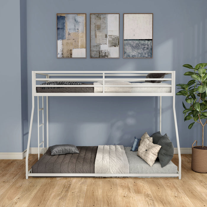 Front facing contemporary white metal twin-over-full bunk bed in a bedroom with accessories