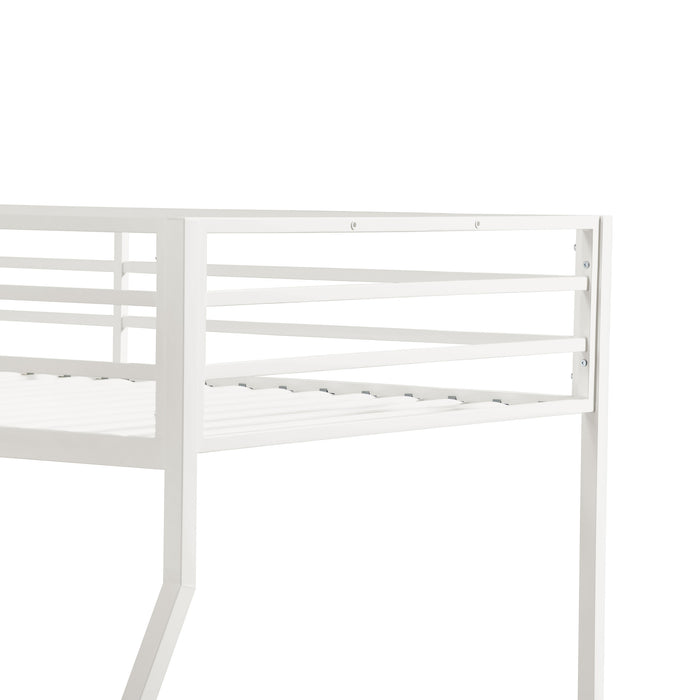 Close up view of the guardrail of a contemporary white metal twin-over-full bunk bed on a white background