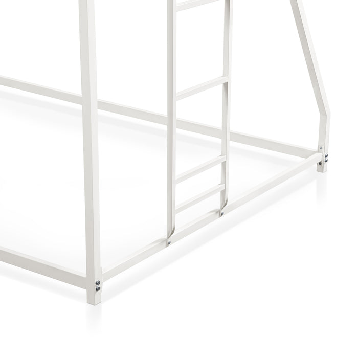 Close up view of the ladder of a contemporary white metal twin-over-full bunk bed on a white background