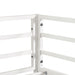 Close up view of the guardrails of a contemporary white metal twin-over-full bunk bed on a white background