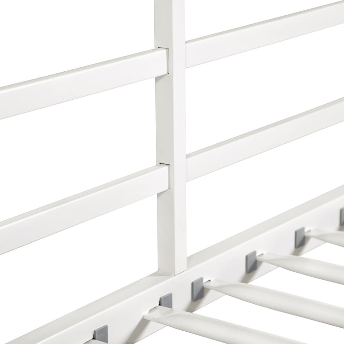Close up view of the guardrail and slats of a contemporary white metal twin-over-full bunk bed on a white background