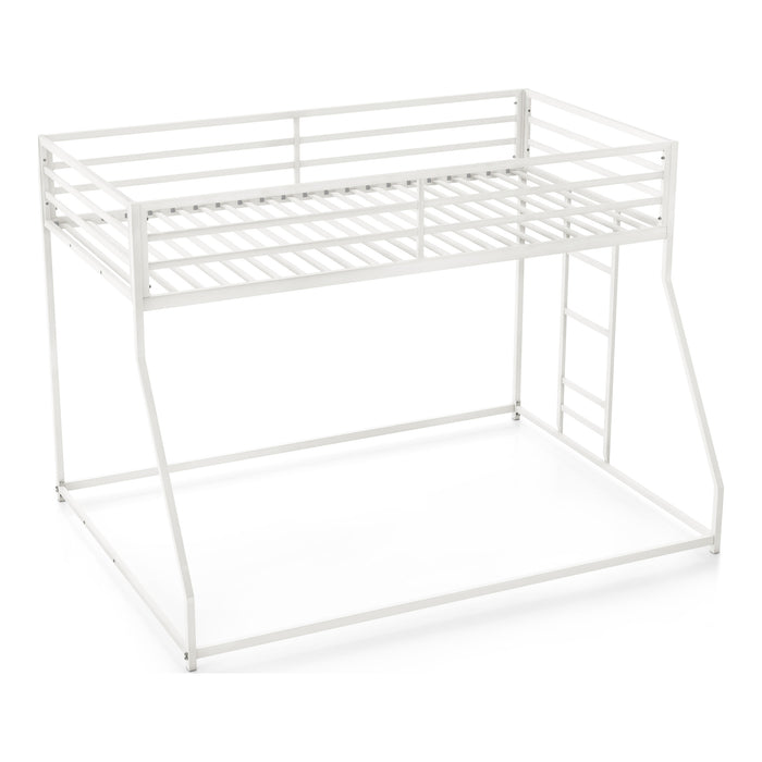 Right facing contemporary white metal twin-over-full bunk bed on a white background