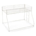 Right facing contemporary white metal twin-over-full bunk bed on a white background