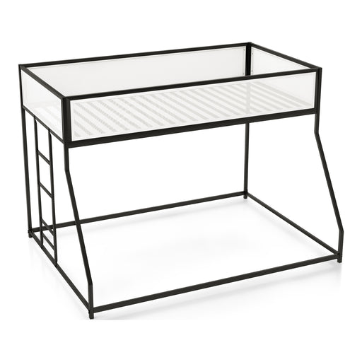 Right facing contemporary black metal twin-over-full bunk bed with wire mesh upper guardrails on a white background