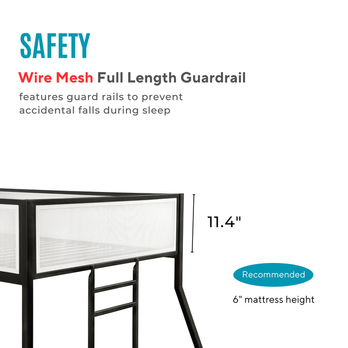 Informational image of the guardrail of a contemporary black metal twin-over-full bunk bed with wire mesh upper guardrails