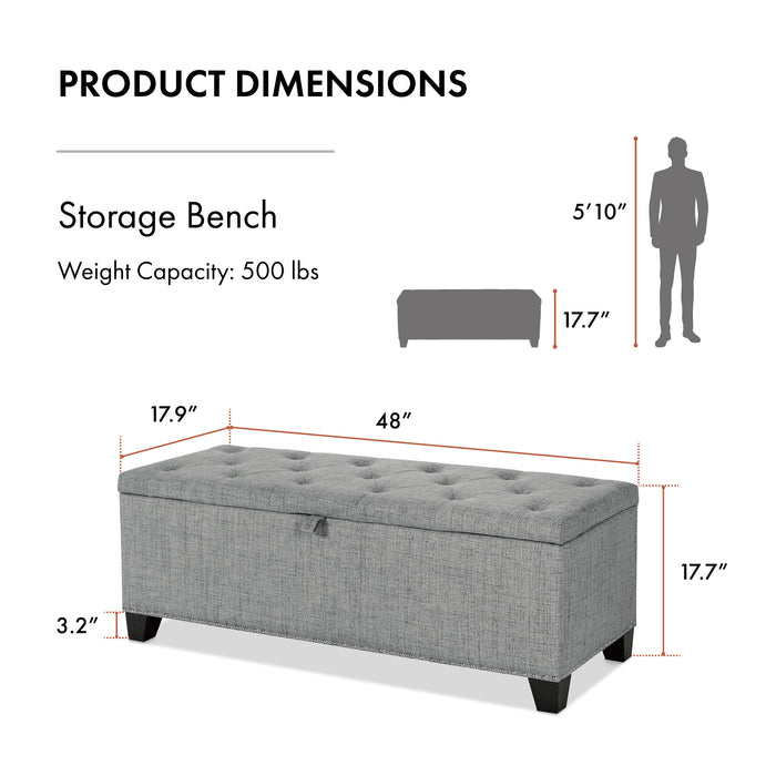 Informational image of the dimensions of a modern grey upholstered storage bench with a lift top