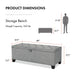 Informational image of the dimensions of a modern grey upholstered storage bench with a lift top