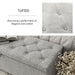Informational image of the tufting of a modern grey upholstered storage bench with a lift top