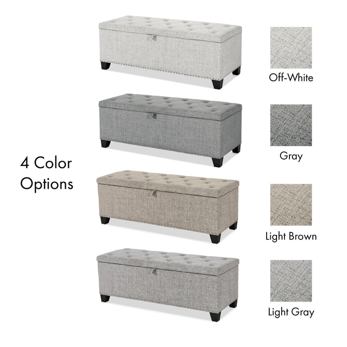 Informational image of the color options of a modern grey upholstered storage bench with a lift top