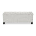 Front facing back view of a modern off white upholstered storage bench with a lift top on a white background
