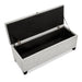 Right facing bird's eye view of a modern off white upholstered storage bench with a lift top opened on a white background