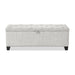 Front facing modern off white upholstered storage bench with a lift top on a white background
