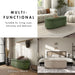 Informational image of the multi-functional design of a modern tufted green chenille oval storage bench