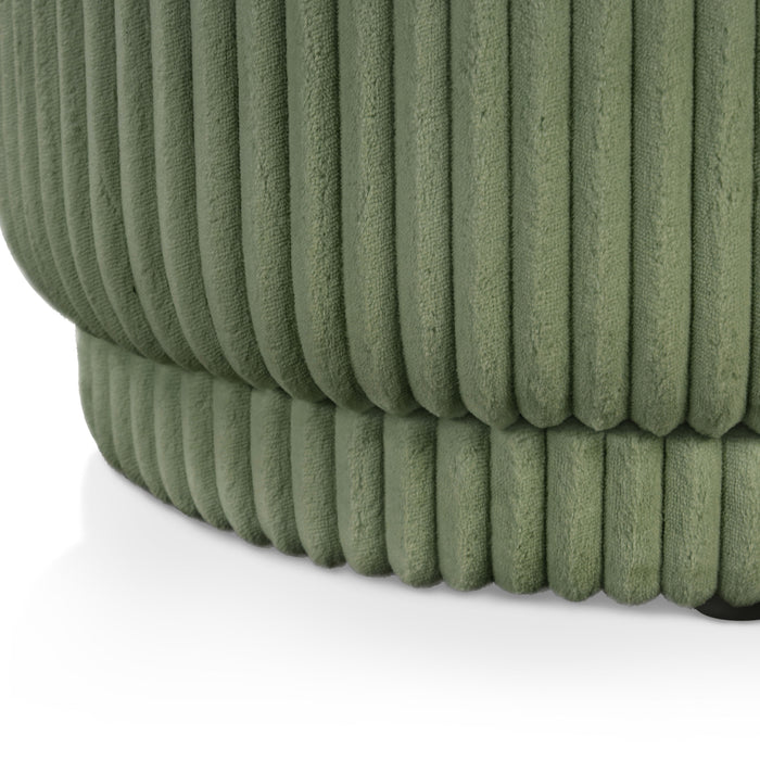 Right facing close up of a modern tufted green chenille oval storage bench on a white background