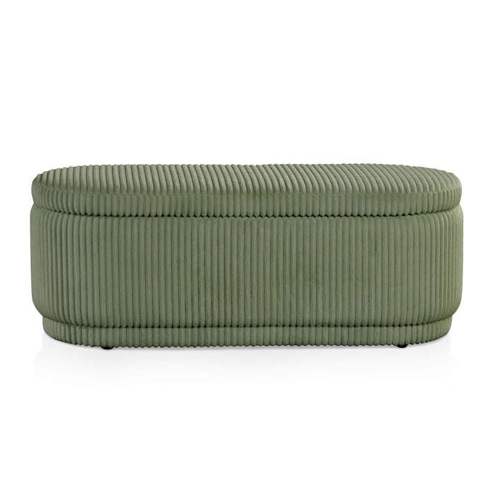 Front facing modern tufted green chenille oval storage bench on a white background