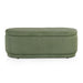 Front facing modern tufted green chenille oval storage bench on a white background