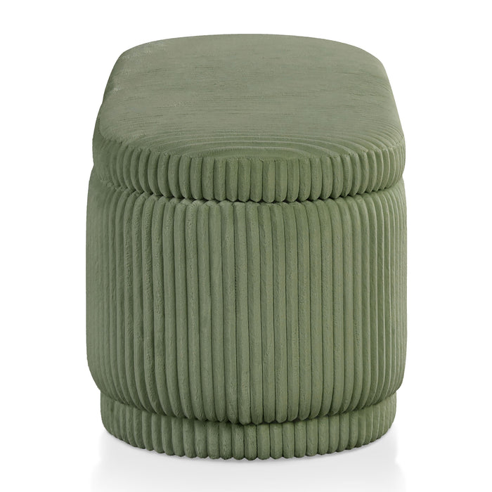 Front facing side view of a modern tufted green chenille oval storage bench on a white background