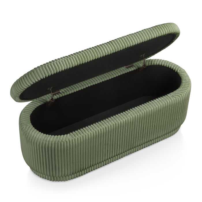 Right facing modern tufted green chenille oval storage bench with top open on a white background