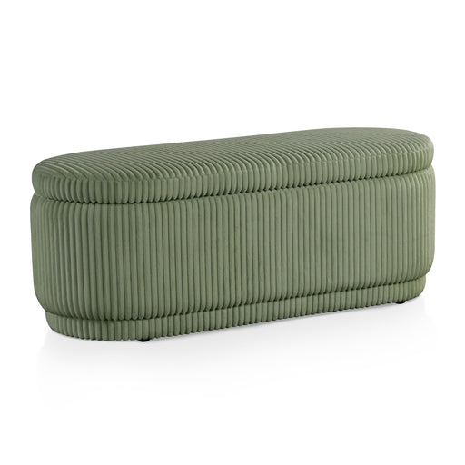 Right facing modern tufted green chenille oval storage bench on a white background