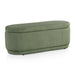 Right facing modern tufted green chenille oval storage bench on a white background