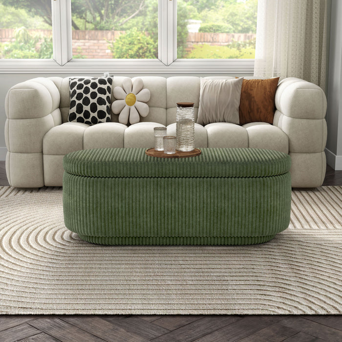 Front facing modern tufted green chenille oval storage bench in a room with accessories