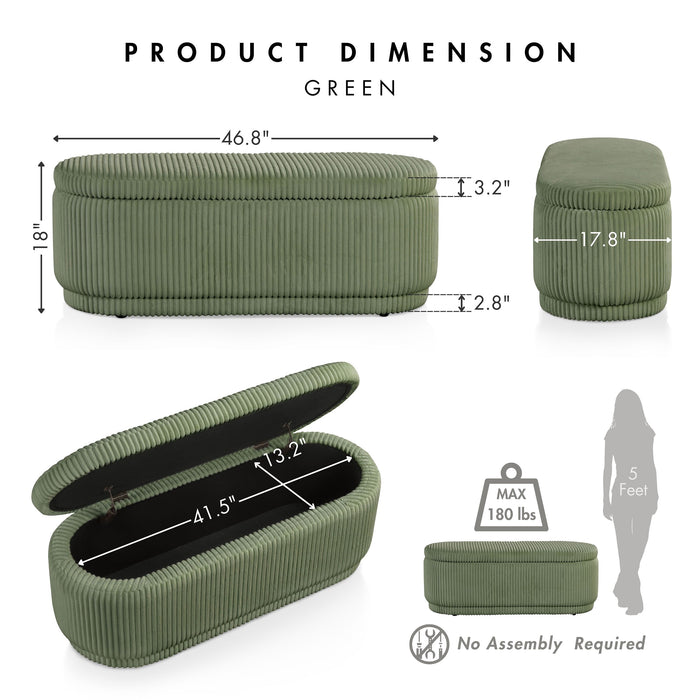 Informational image of the dimensions of a modern tufted green chenille oval storage bench