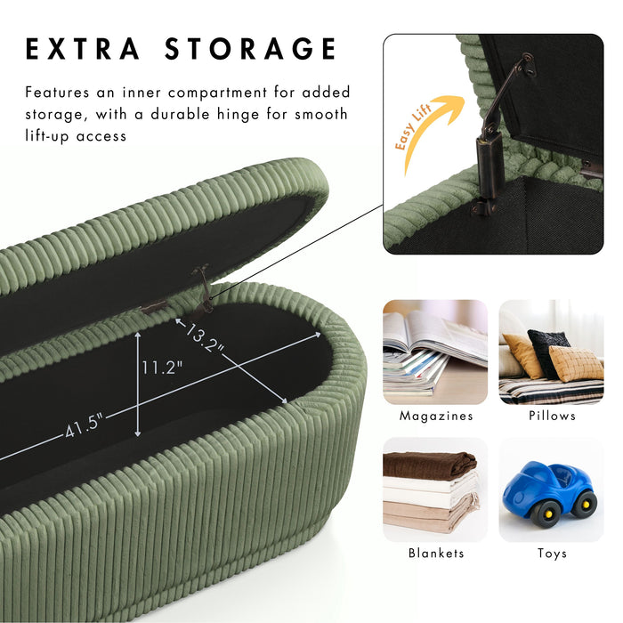 Informational image of the oval storage space of a modern tufted green chenille oval storage bench