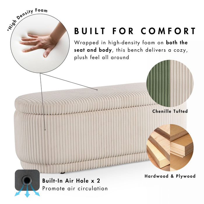 Informational image of the comfort and features of a modern tufted green chenille oval storage bench