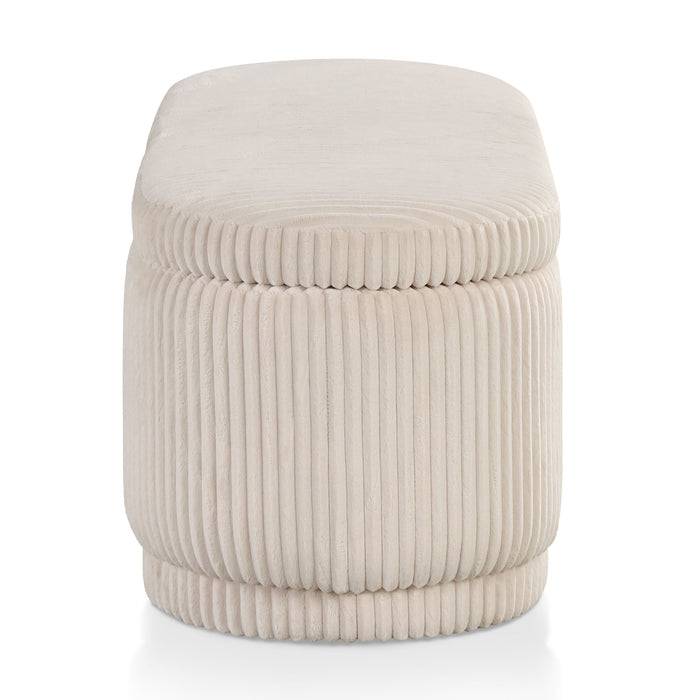 Front facing side view of a modern tufted beige pink chenille oval storage bench on a white background