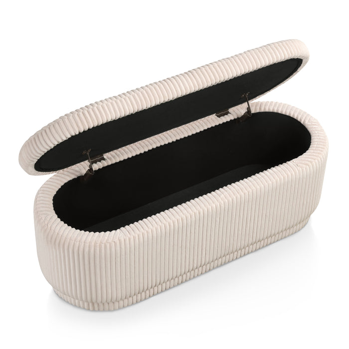 Right facing modern tufted beige pink chenille oval storage bench with top open on a white background