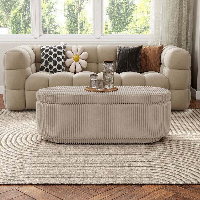 Front facing modern tufted beige pink chenille oval storage bench in a room with accessories