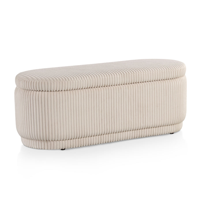 Right facing modern tufted beige pink chenille oval storage bench on a white background