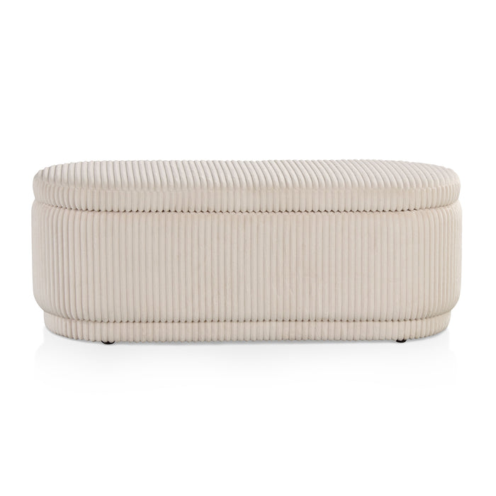 Front facing modern tufted beige pink chenille oval storage bench on a white background